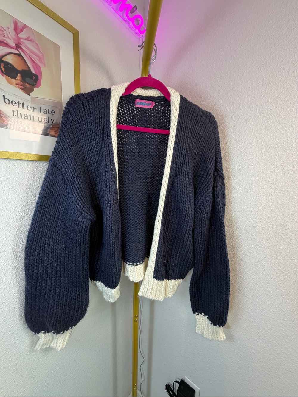 Edikted Navy and Cream Open-Front Chunky Cardigan XS
